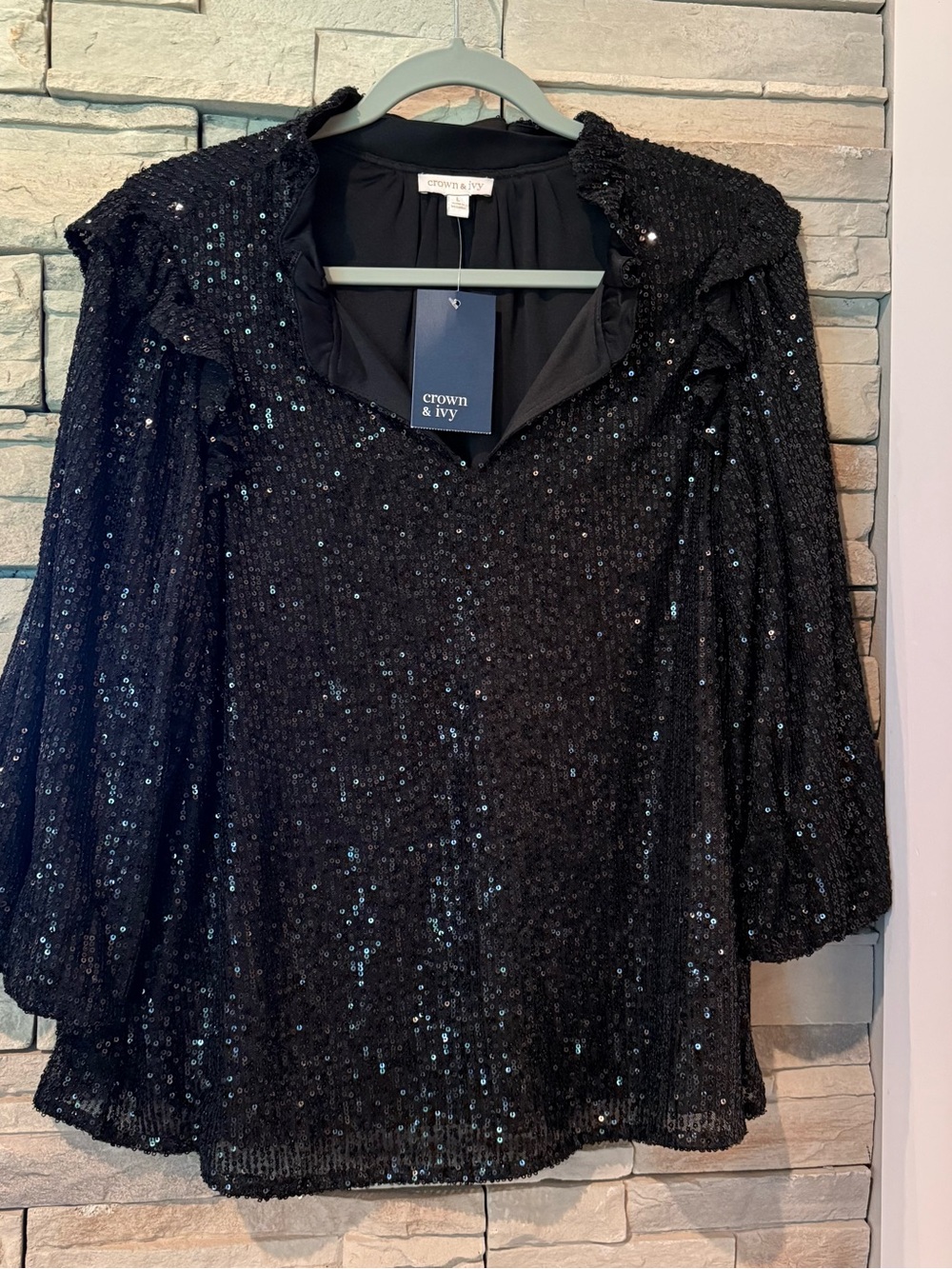 Crown & Ivy Women’s Sequin V-Neck Long Sleeve Top Lined Dressy Party Black L